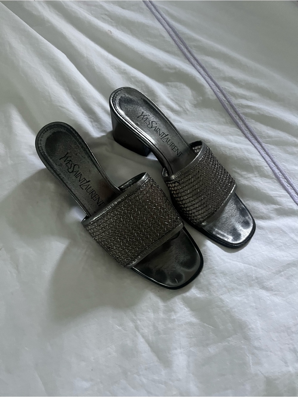 Yves Saint Laurent Pewter Metallic Woven Slide Mules